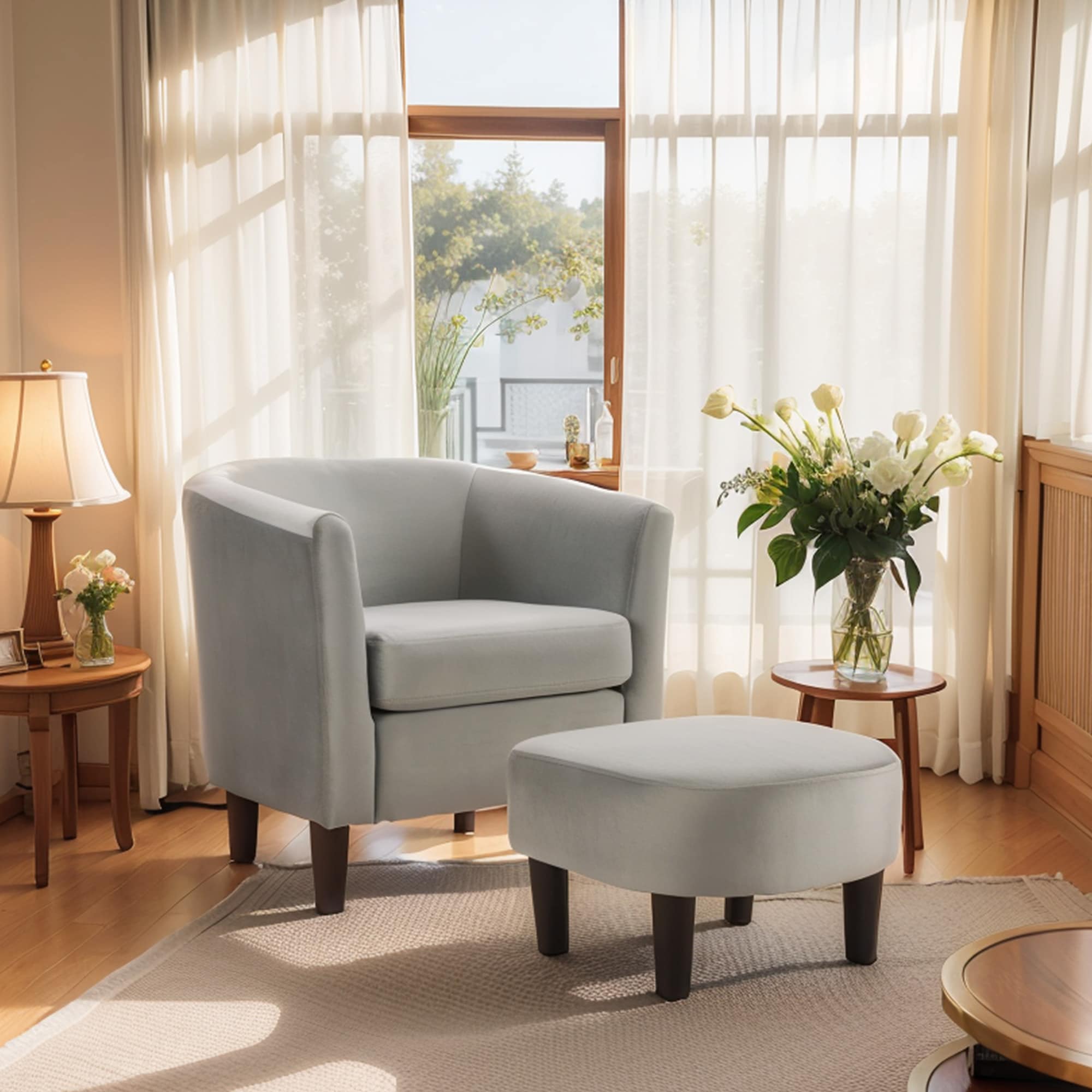 Velvet Accent Chair With Ottoman, Modern Barrel Chair Armchair For Living Room, Bedroom, Gray_maomaolike.com